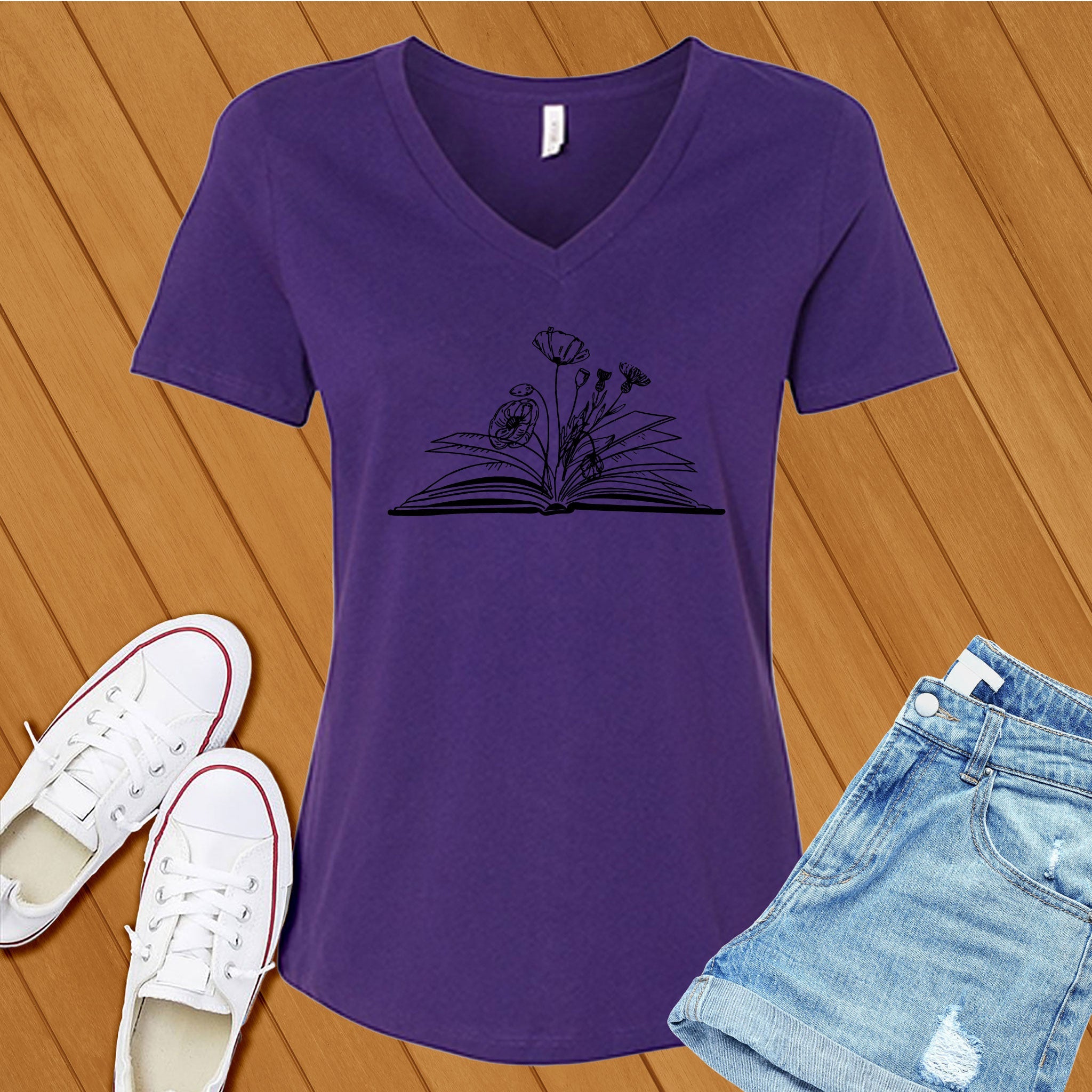 Flower Books Reader V-Neck - Love Tees