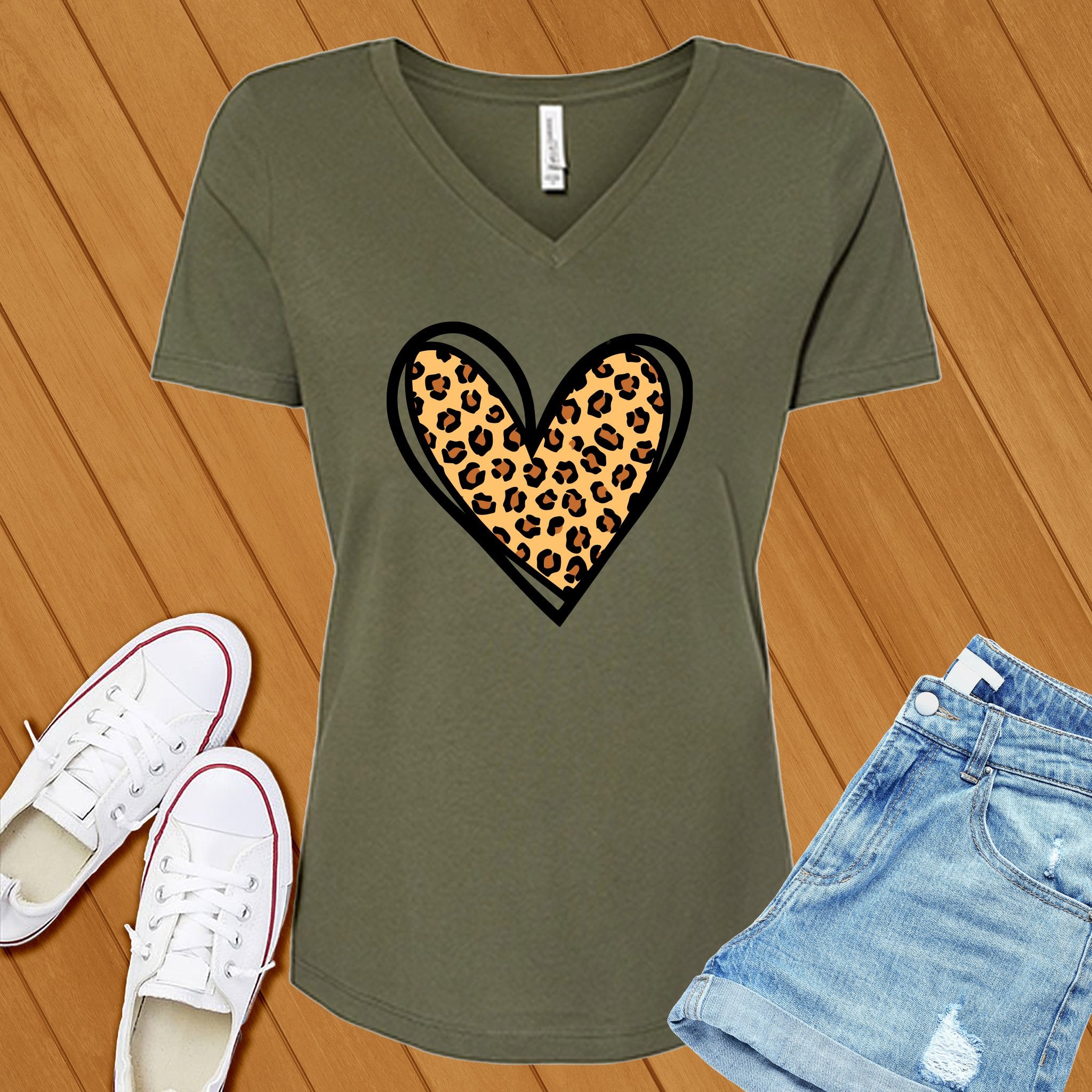 Leopard Print Cute Heart V-Neck - Love Tees