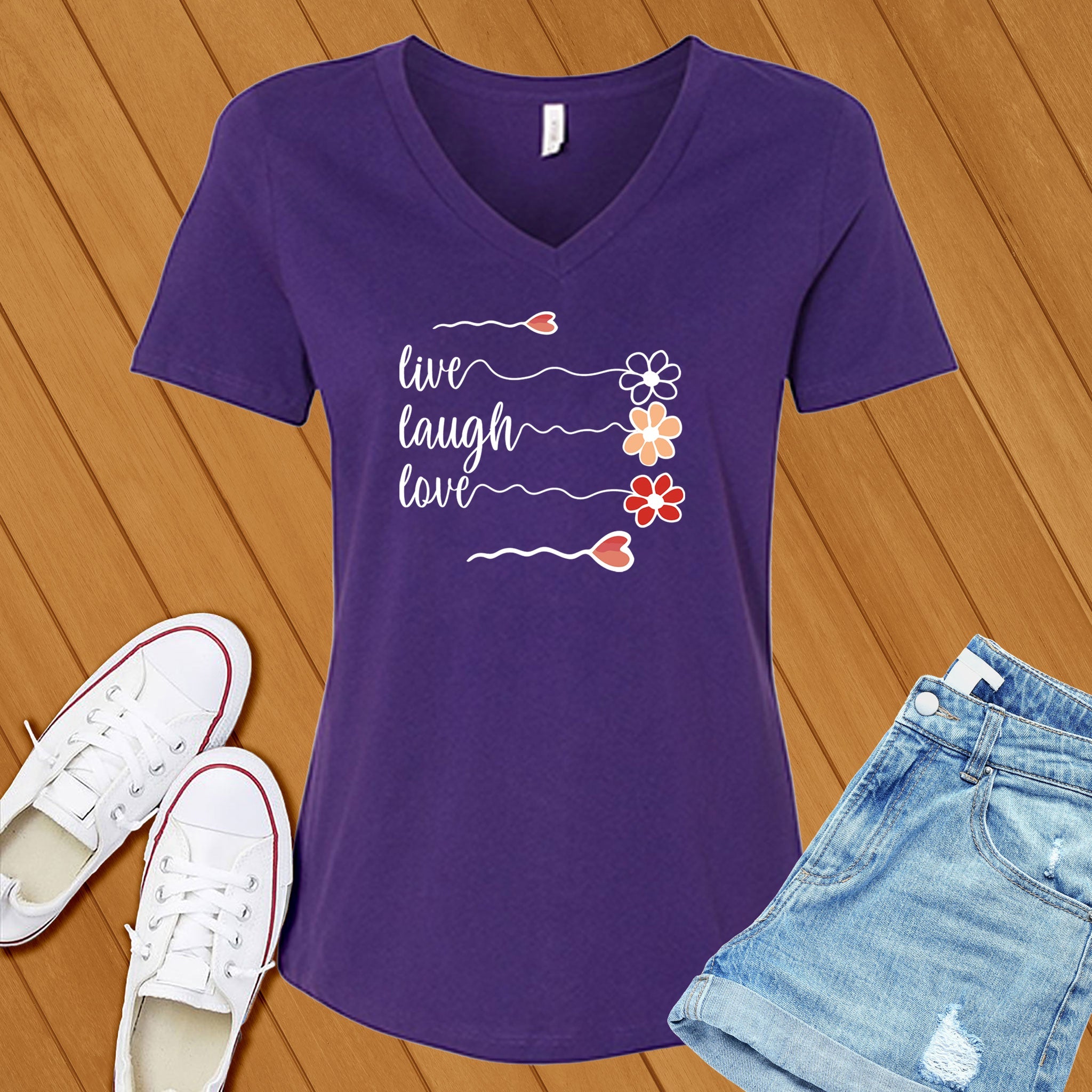 Live Laugh Love Flowers V-Neck - Love Tees