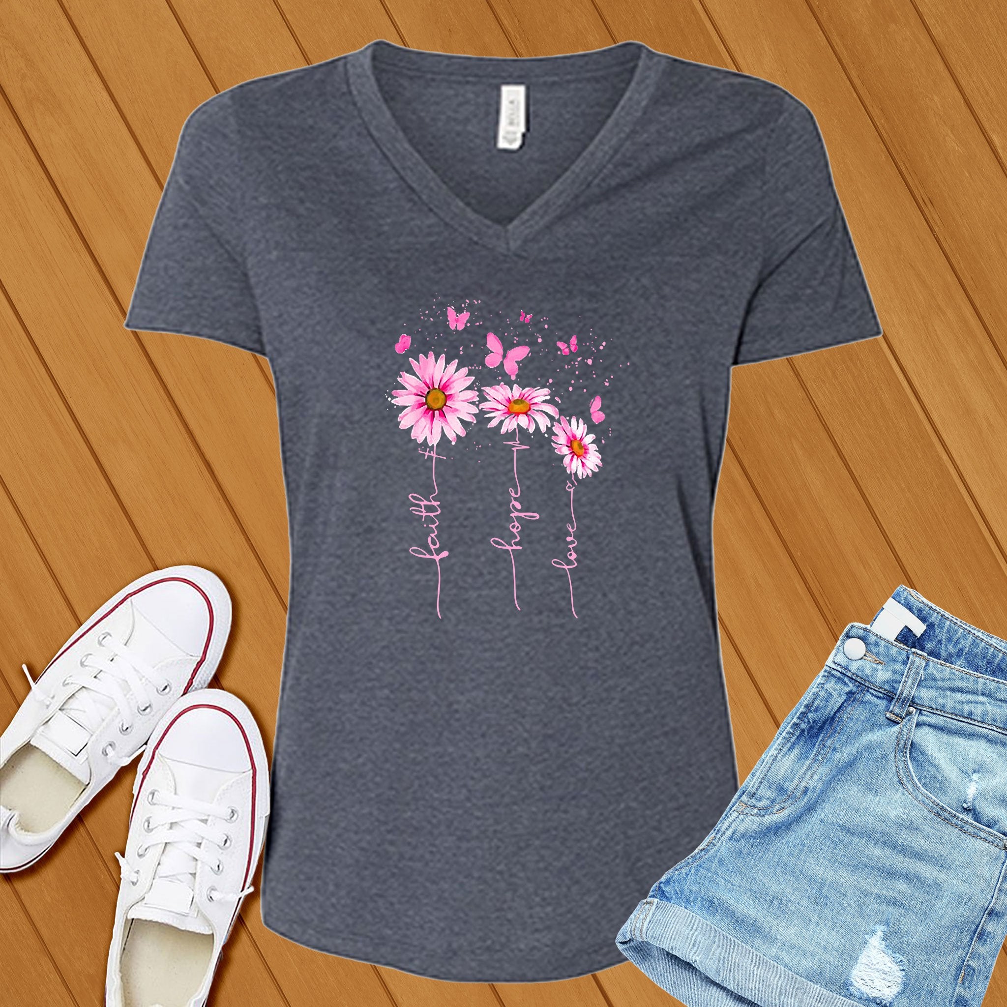 Pink Faith Hope Love Flowers V-Neck - Love Tees