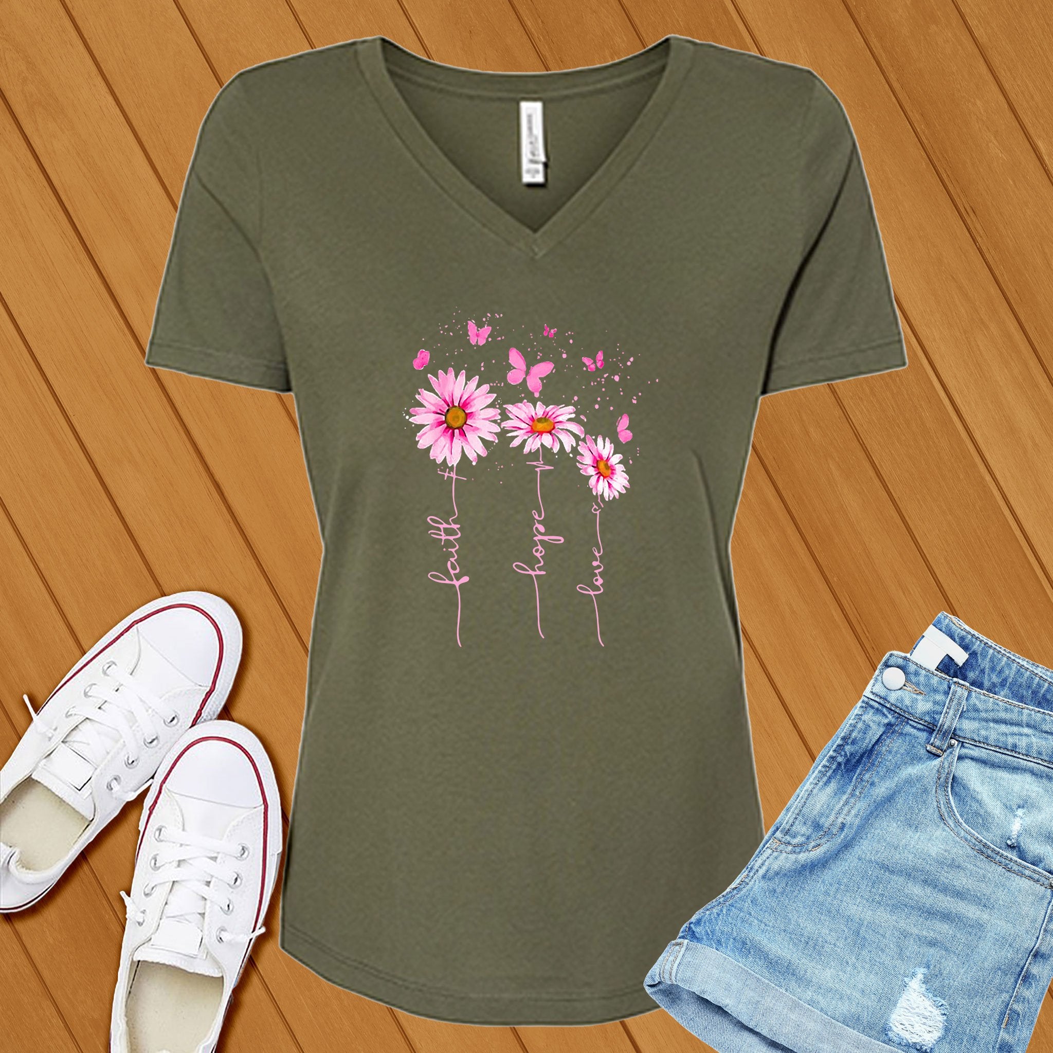 Pink Faith Hope Love Flowers V-Neck - Love Tees