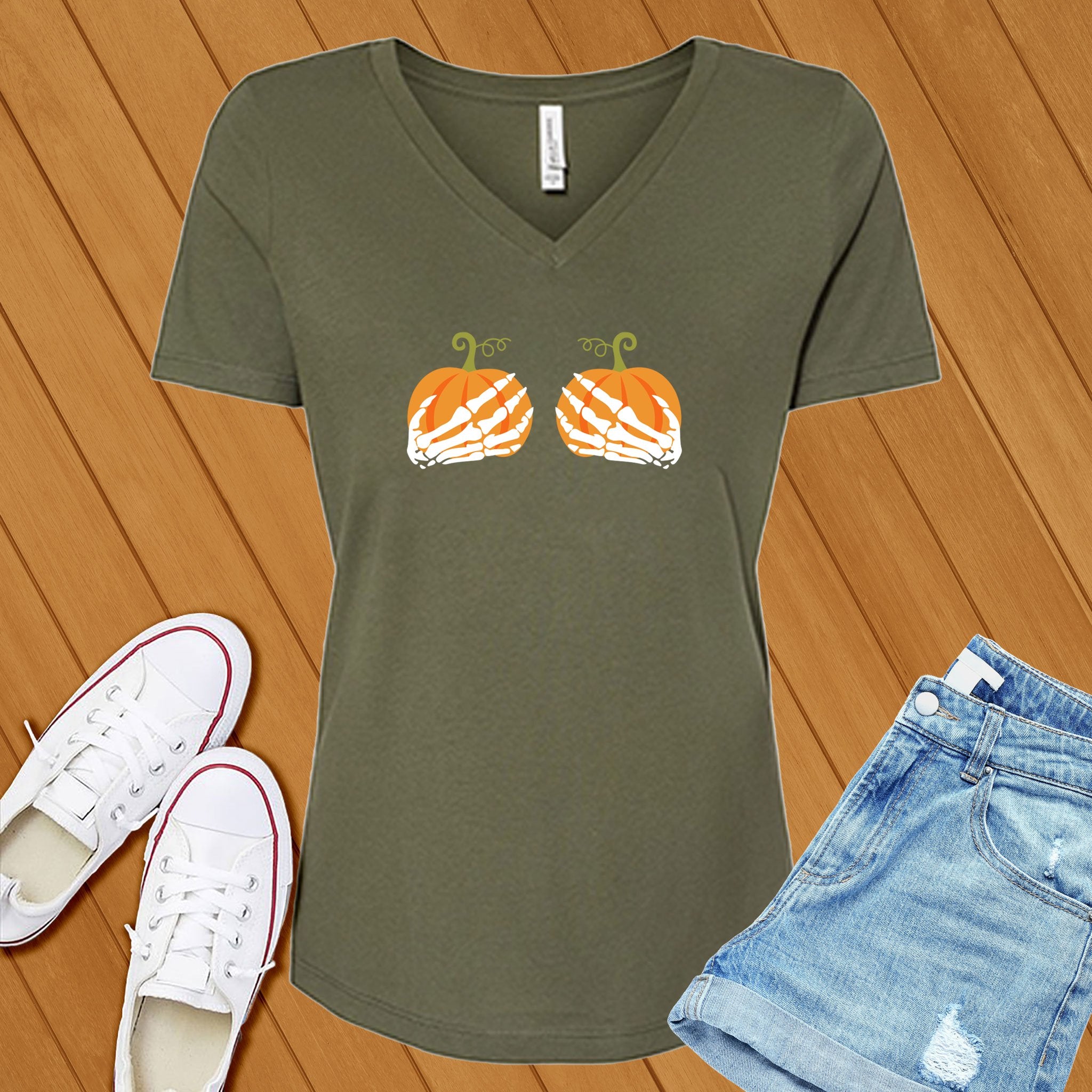 Pumpkin Skeleton Hands V-Neck - Love Tees