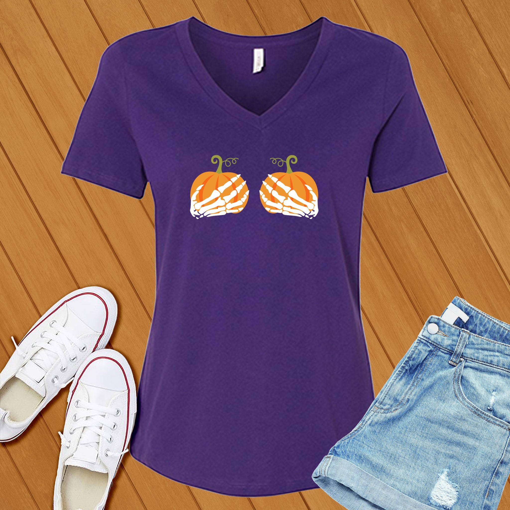 Pumpkin Skeleton Hands V-Neck - Love Tees