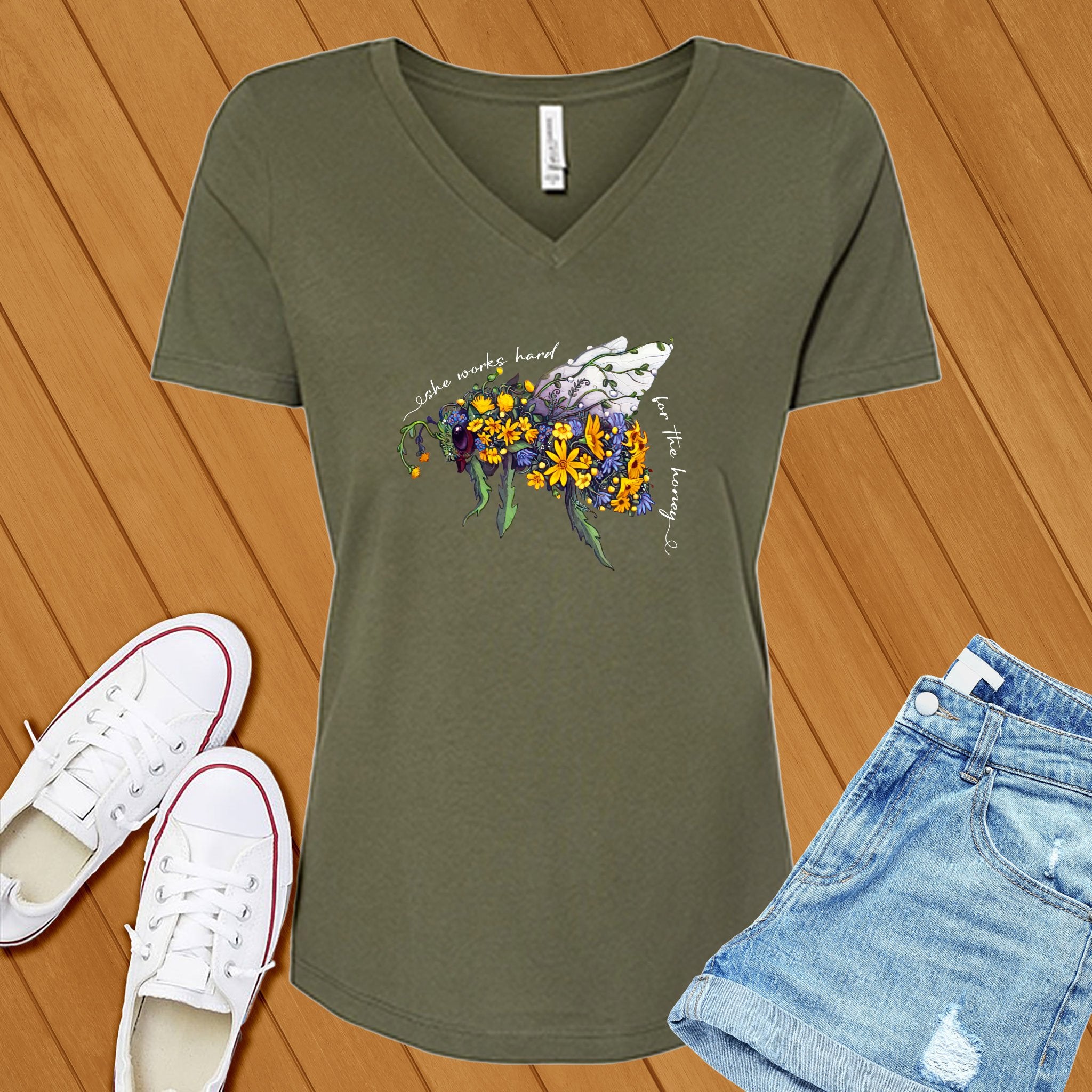 She Works Hard For The Honey Floral Bee V-Neck - Love Tees