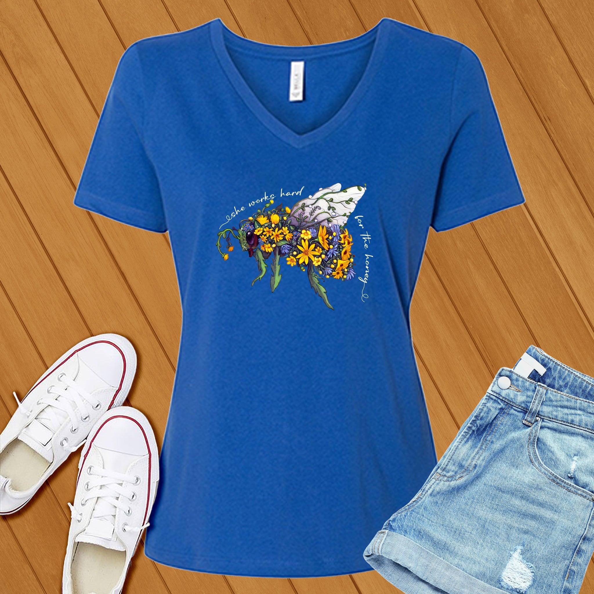 She Works Hard For The Honey Floral Bee V-Neck - Love Tees