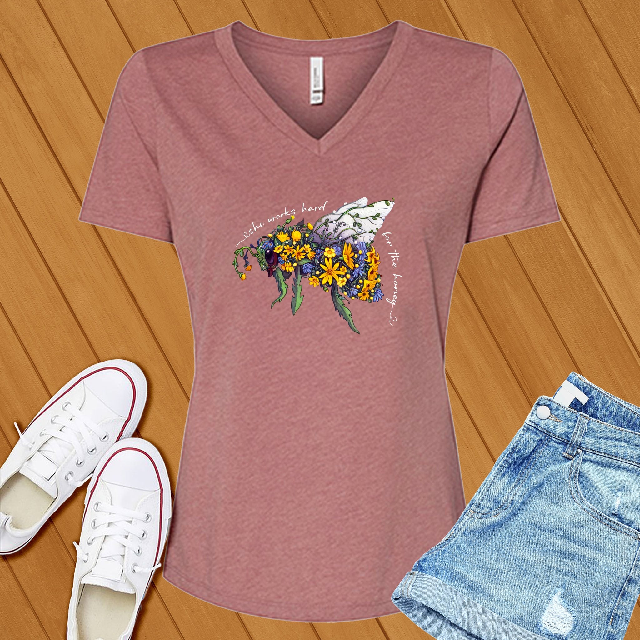 She Works Hard For The Honey Floral Bee V-Neck - Love Tees