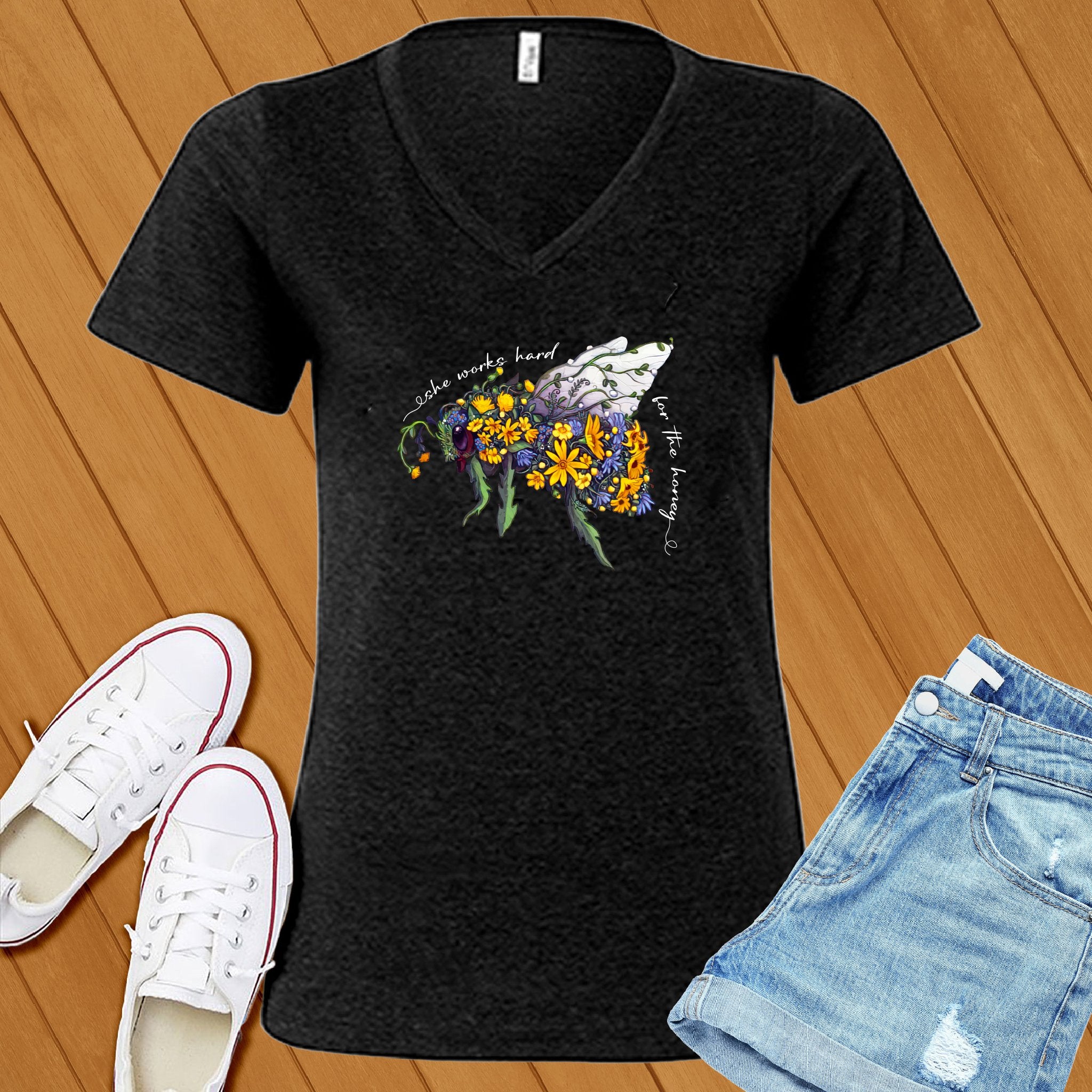 She Works Hard For The Honey Floral Bee V-Neck - Love Tees