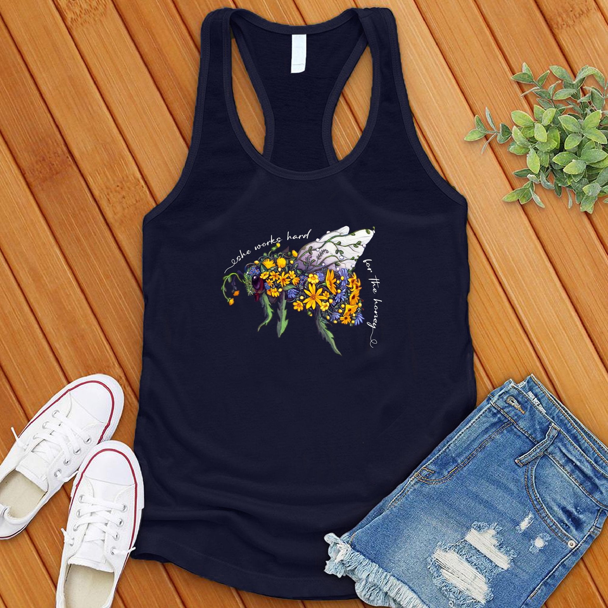 She Works Hard For The Honey Floral Bee Women's Tank Top - Love Tees