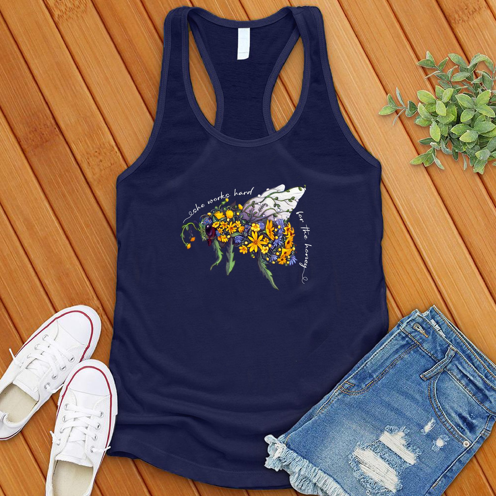 She Works Hard For The Honey Floral Bee Women's Tank Top - Love Tees